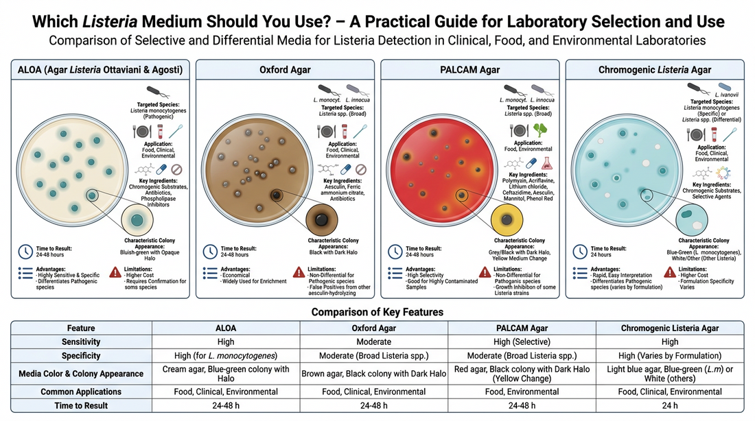 ALOA offers excellent specificity for Listeria monocytogenes Oxford Agar remains widely used for enrichment workflows PALCAM performs well with heavily contaminated samples