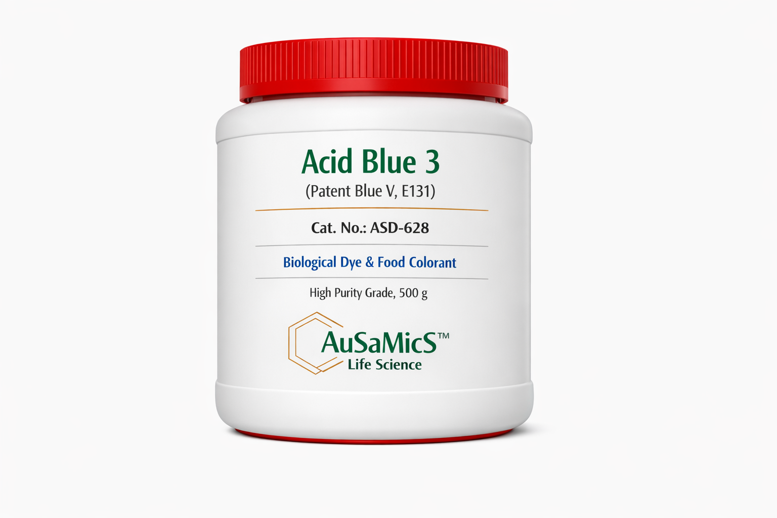 Deep blue crystalline powder of Patent Blue V in 25g laboratory bottle – Ausamics AS-0921.
Biological tissue section stained with Patent Blue V highlighting vascular structures.