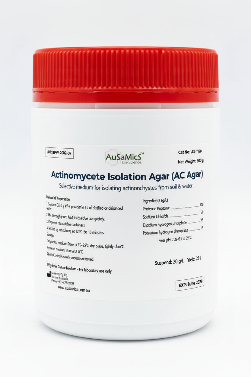 Actinomycete Isolation Agar (AC Agar)
Catalogue No. AS-1102  |  Selective medium for isolating actinomycetes from soil & water