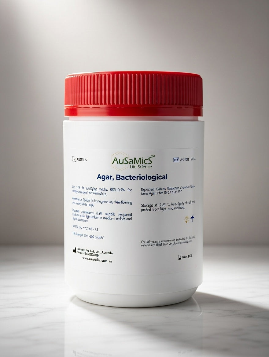 Bacteriological Agar-Agar for microbiological culture media preparation. High gel strength, clear solidification, and reliable batch consistency. Ideal for laboratory and research use.