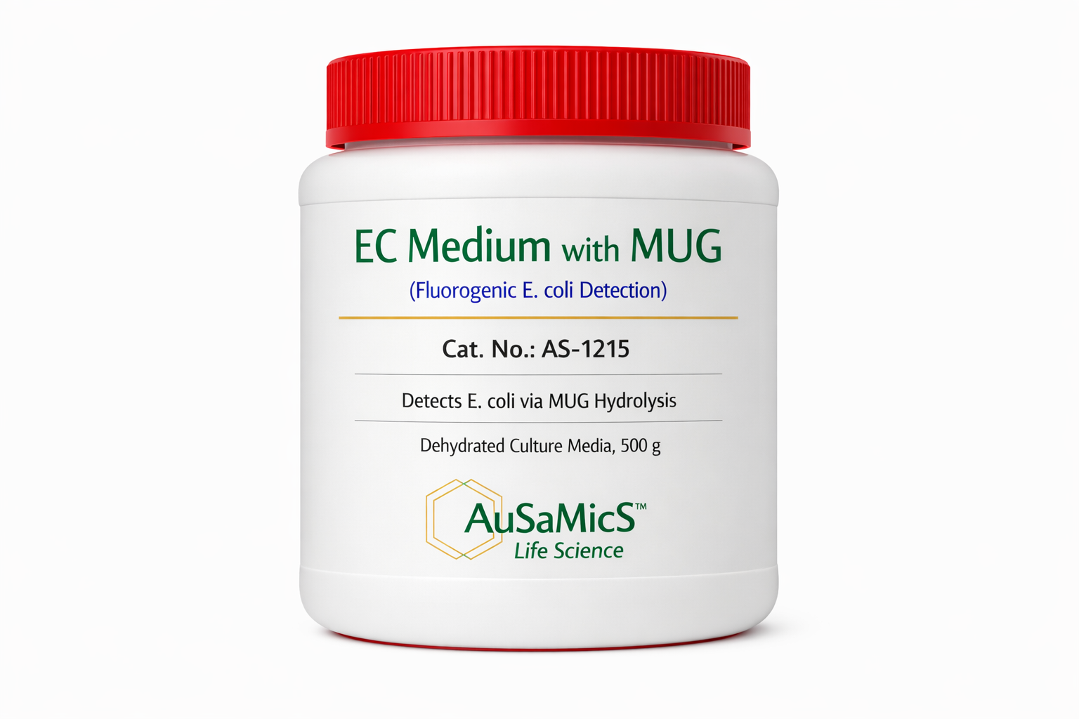 Dehydrated EC Medium with MUG in 500g amber bottle - Ausamics microbiology grade.