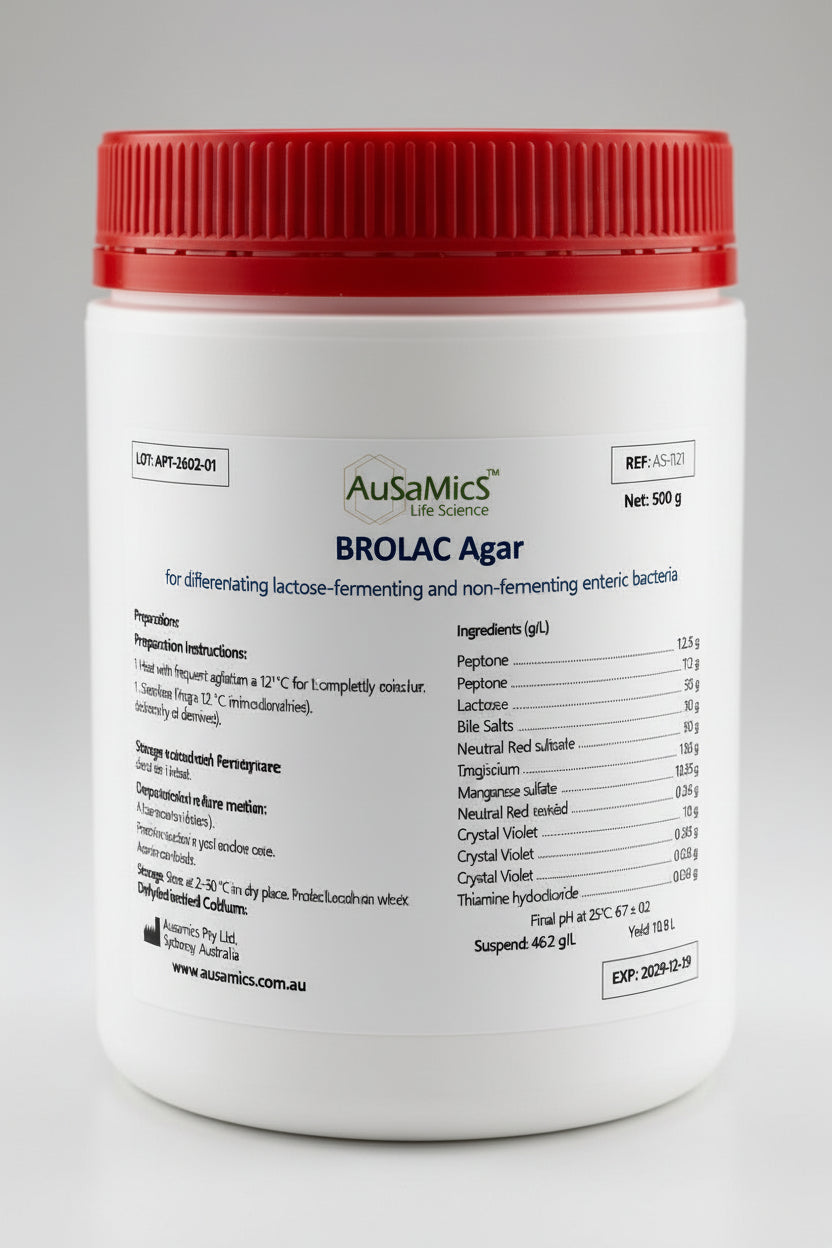 Container of AusaMics BROLAC Agar with red lid on a gray background