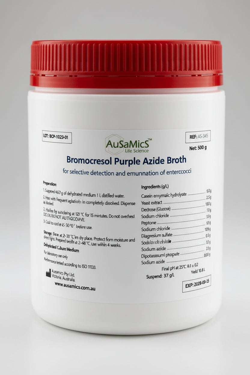 Container of AusaMics Bromocresol Purple Azide Broth with red lid on a gray background