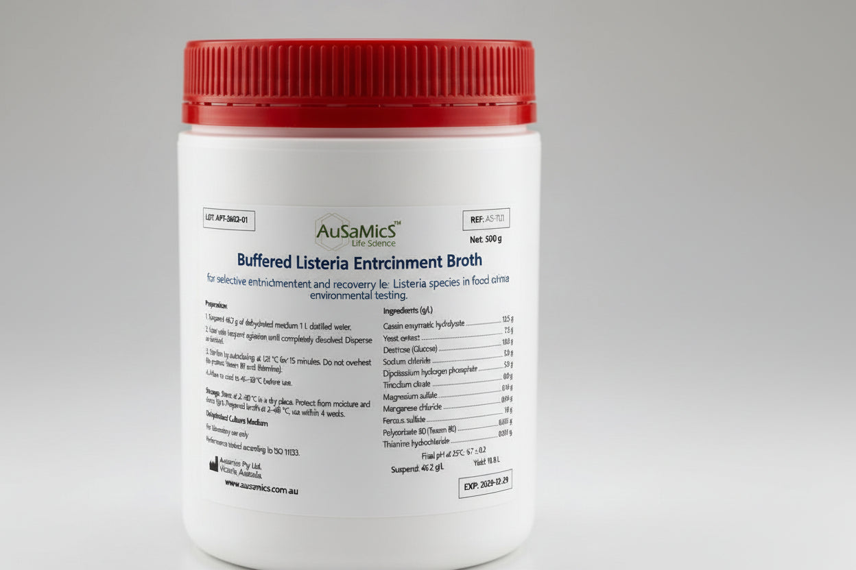 Container of AusaMics Buffered Listeria Enrichment Broth with red lid on a gray background