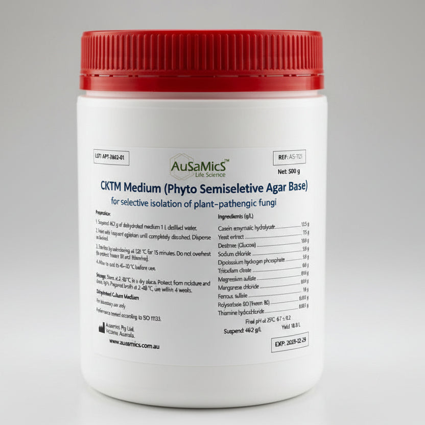 Container of AusaMics APT Broth with red lid on a gray background