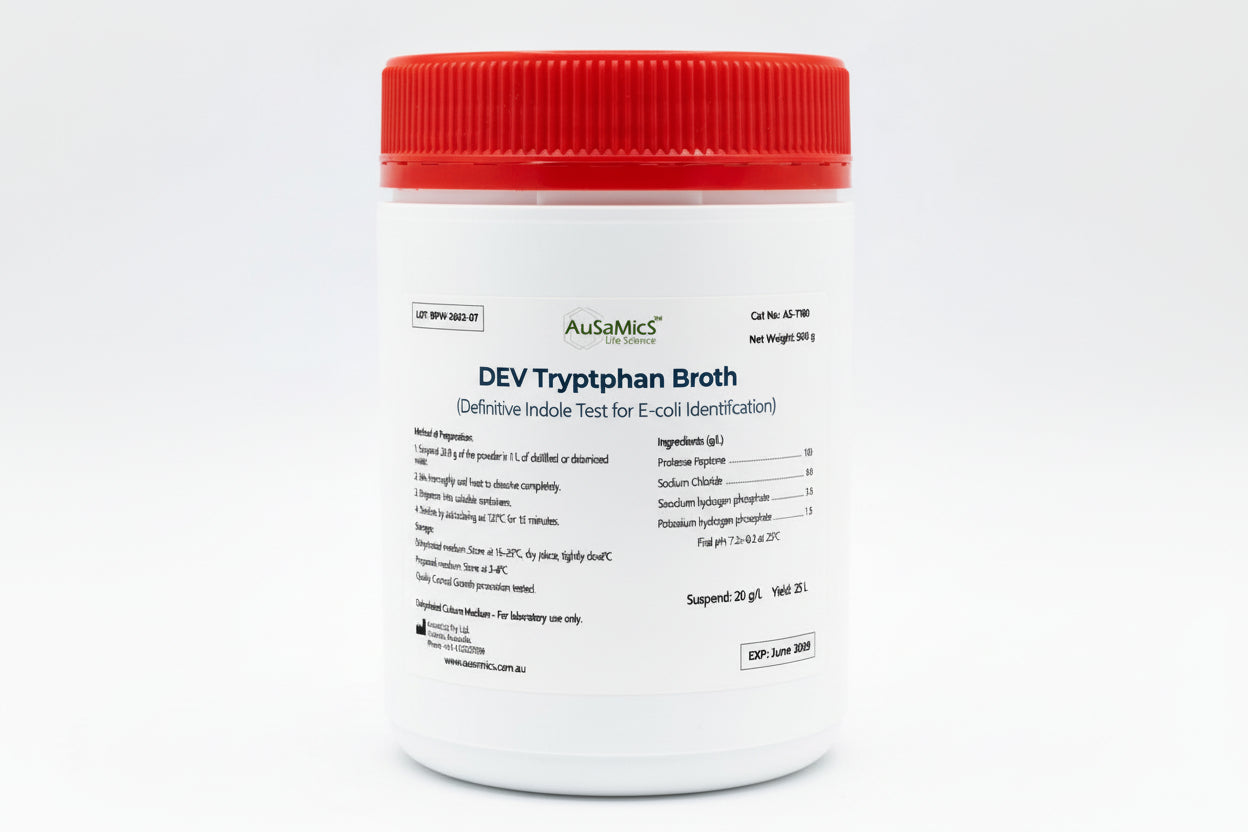 DEV Tryptophan Broth
Definitive Indole Test for E. coli Identification