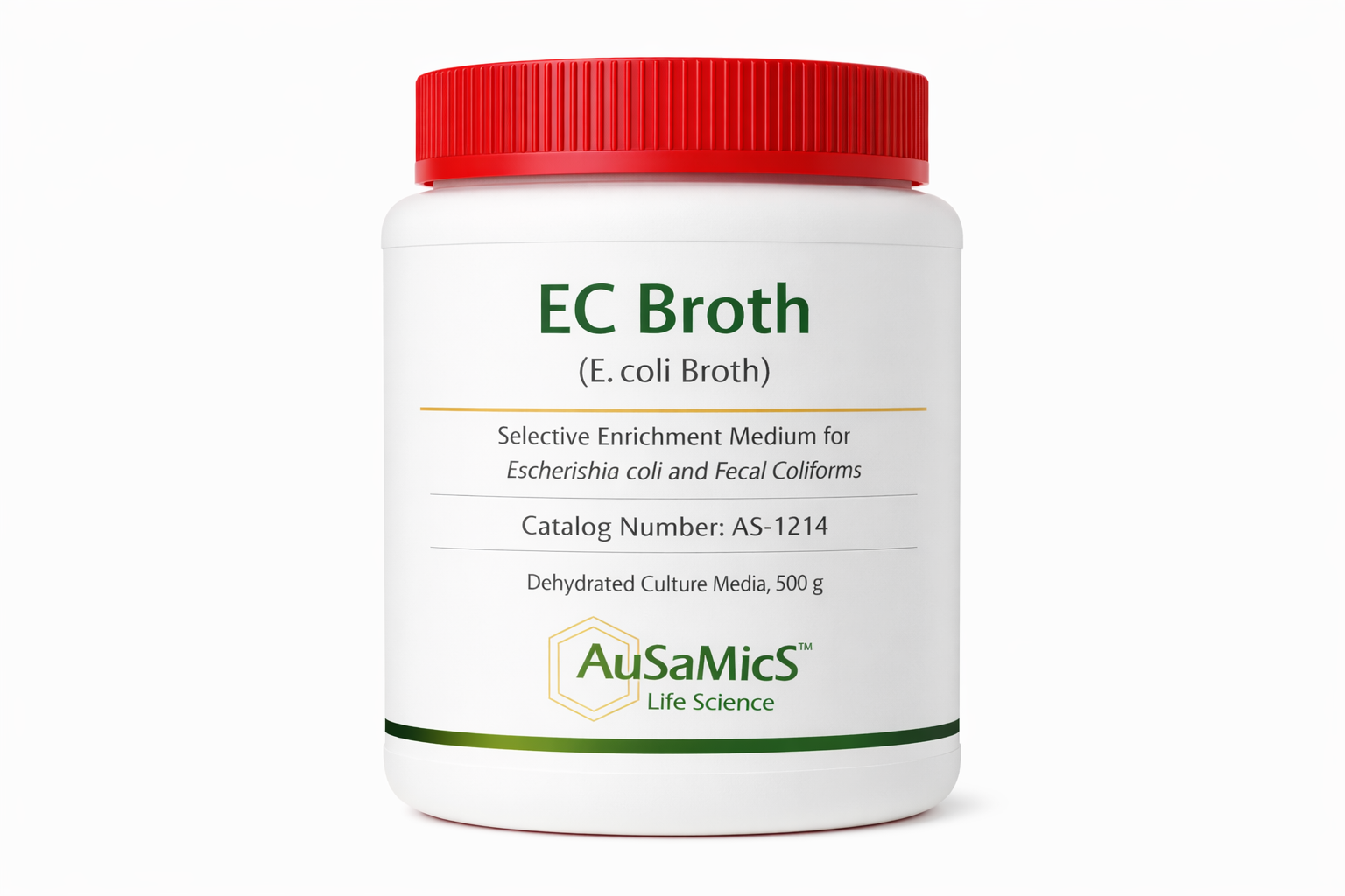 Dehydrated EC Broth (E. coli Broth) 500g container – Ausamics laboratory grade selective medium.