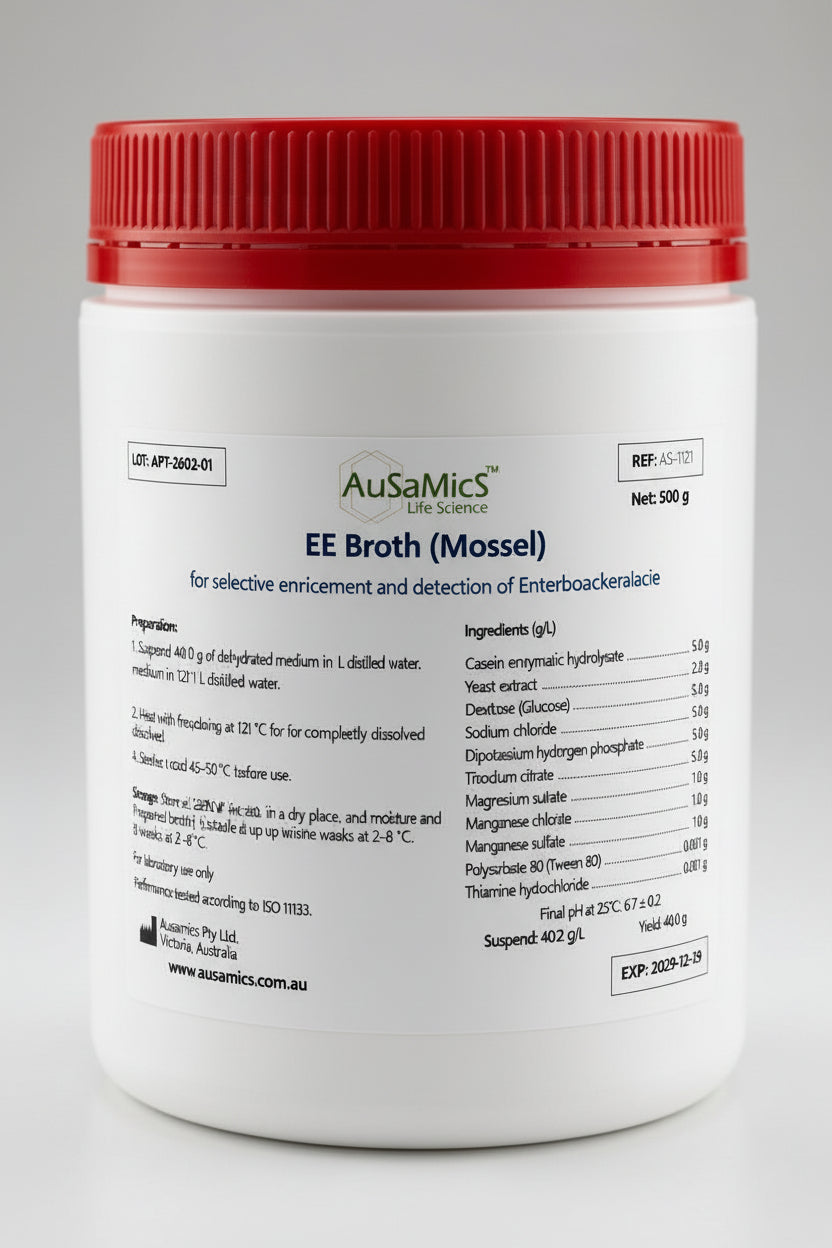 Container of AusaMics EE Broth (Mossel) with red lid on a gray background