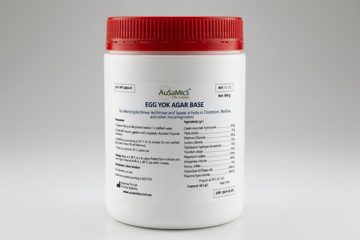 Container of AusaMics Egg Yolk Agar Base with red lid on a gray background