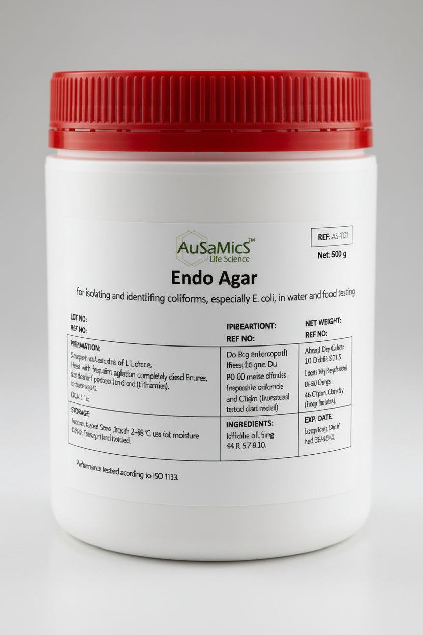Container of AusaMics Endo Agar with red lid on a gray background