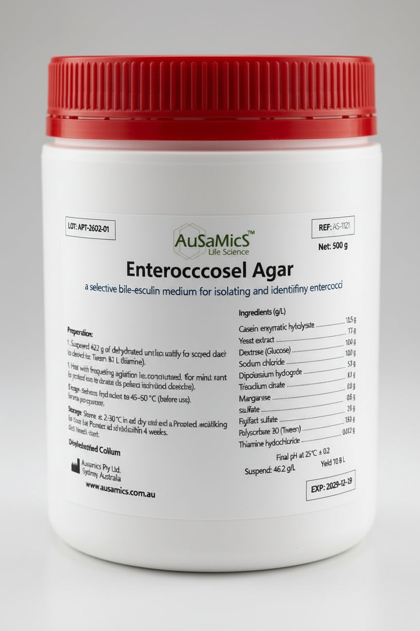 Container of AusaMics Enterococcosel Agar with red lid on a gray background