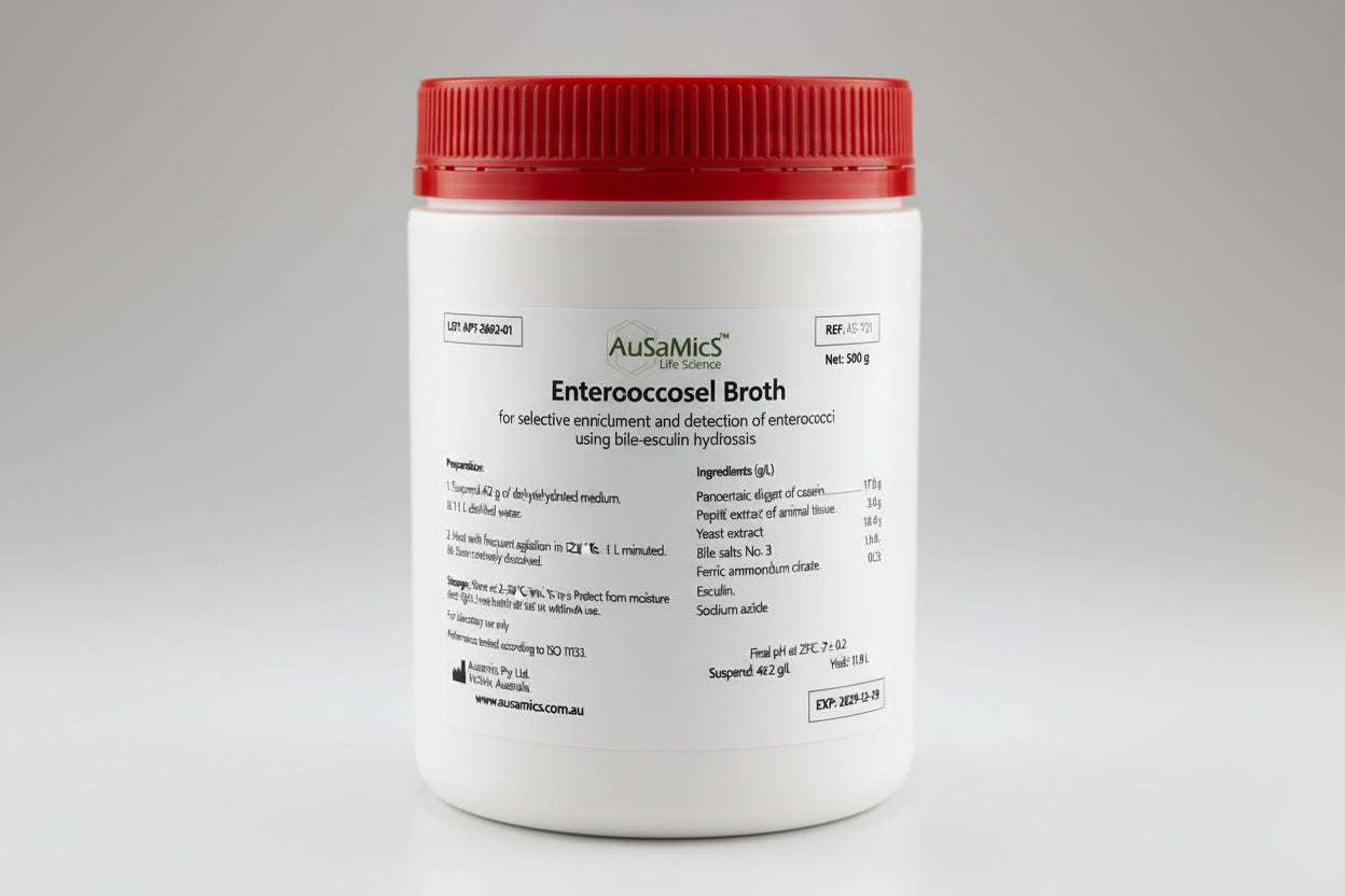 Container of AusaMics Enterococcosel Broth with red lid on a gray background