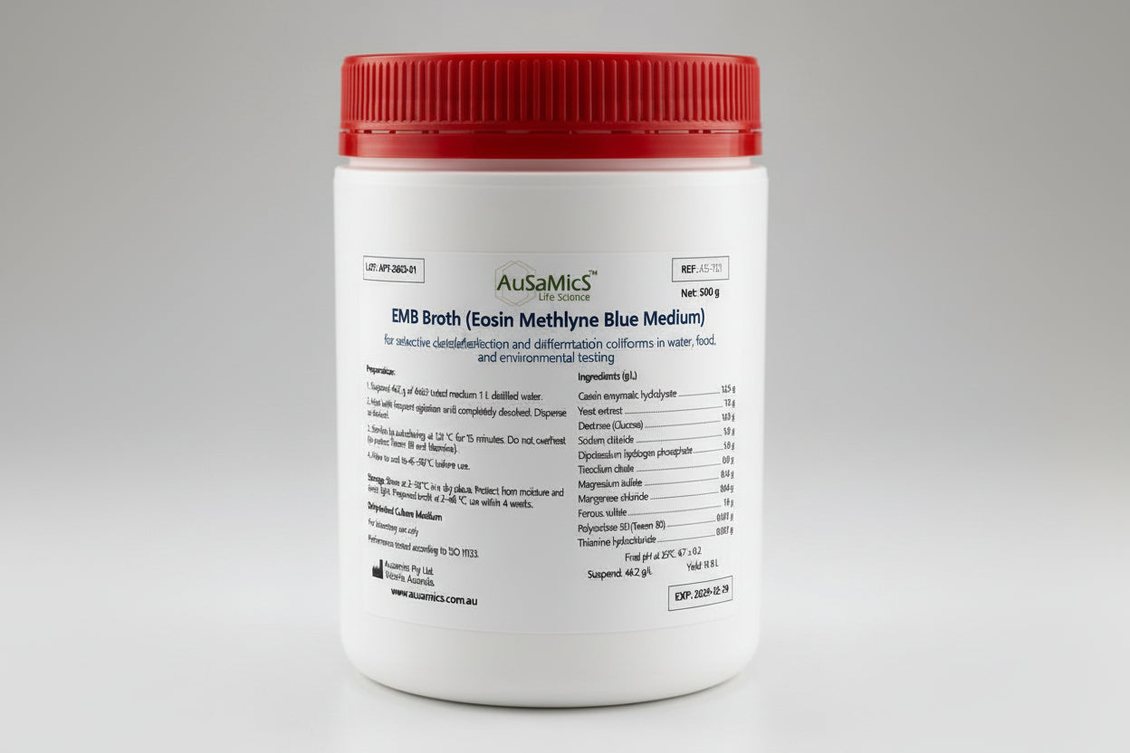 Container of AusaMics EMB Broth with red lid on a gray background