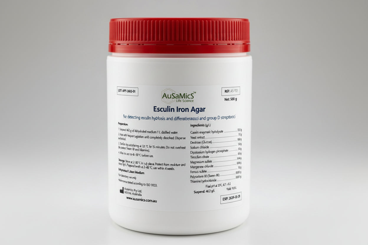 Container of AusaMics Esculin Iron Agar with red lid on a gray background