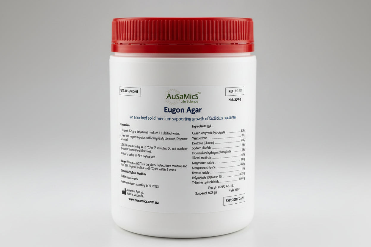 Container of AusaMics Eugon Agar with red lid on a gray background