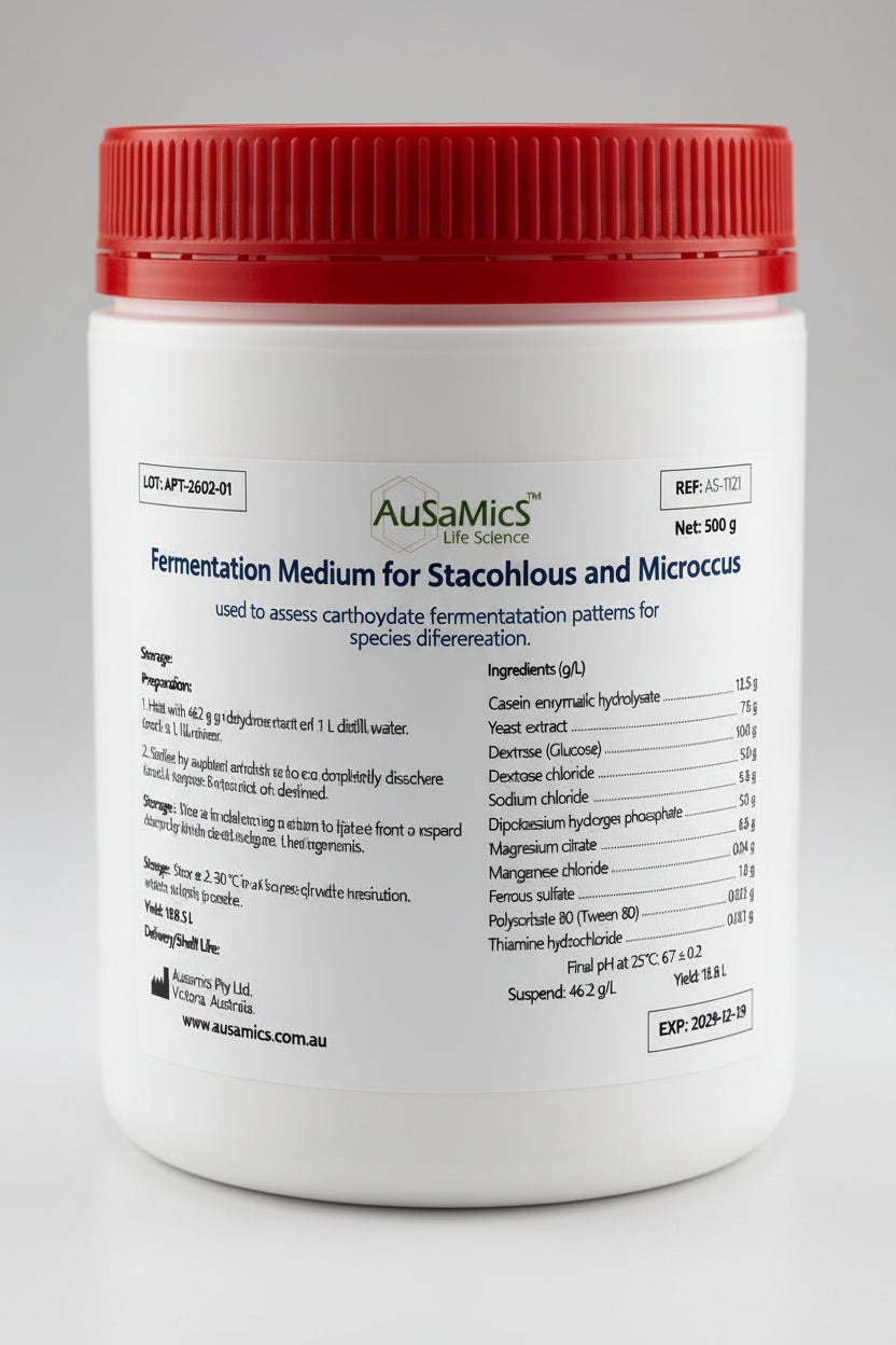 Container of AusaMics Fermentation Medium for Staphylococcus and Micrococcus with red lid on a gray background