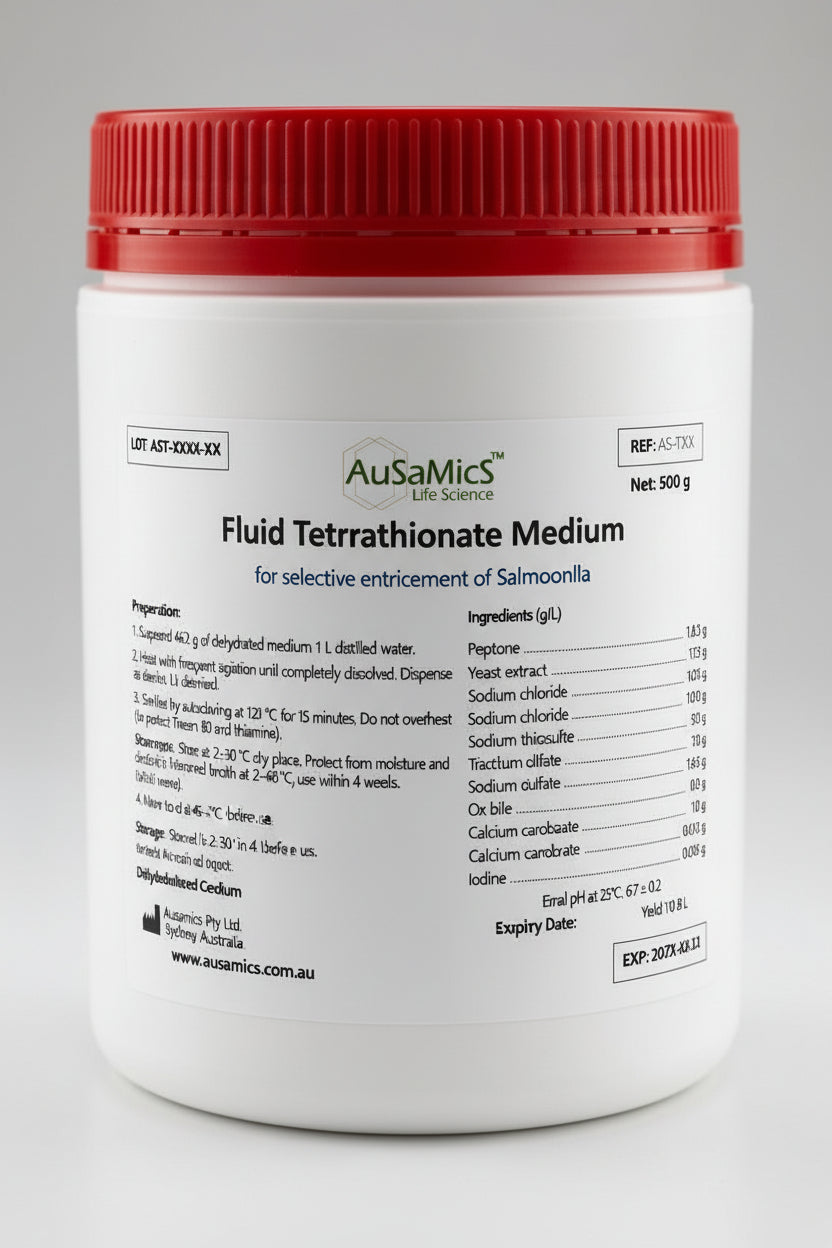 Container of AusaMics Fluid Tetrathionate Medium with red lid on a gray background