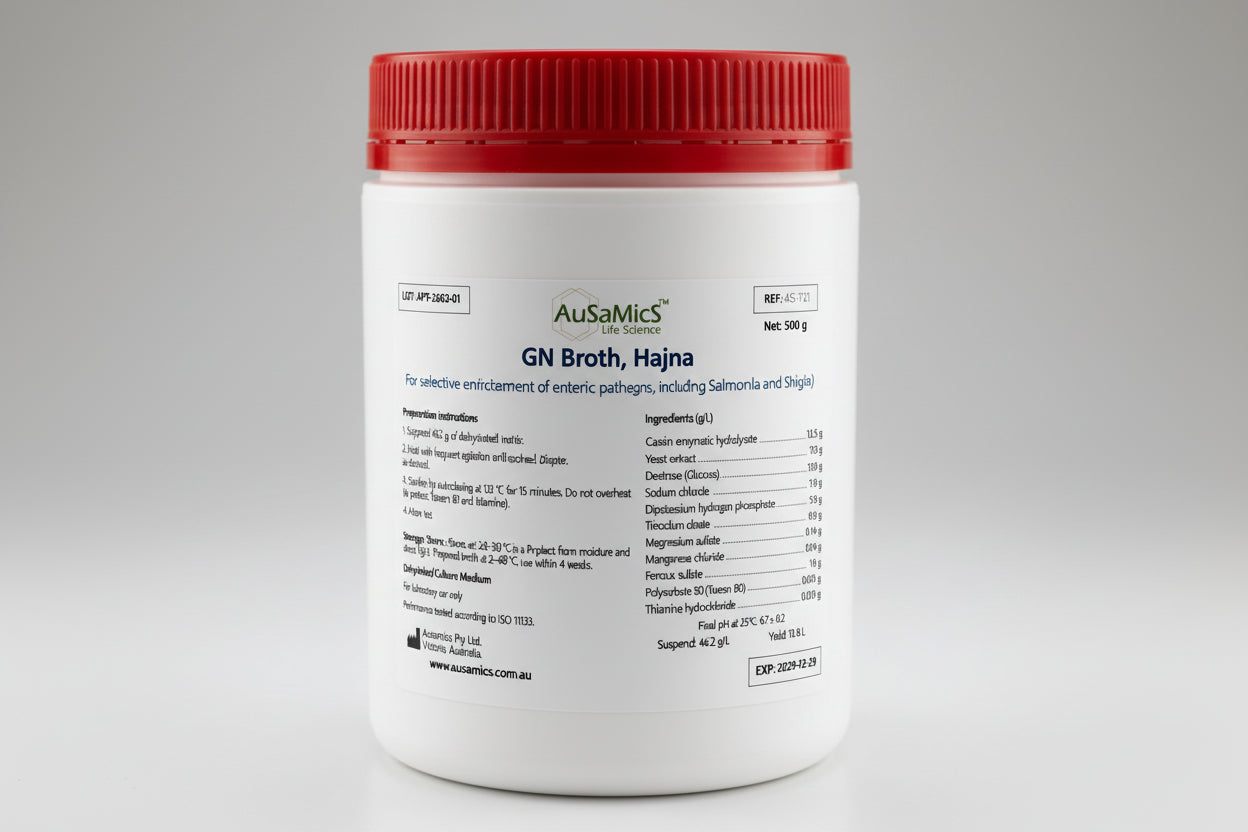 Container of AusaMics GN Broth, Hajna with red lid on a gray background