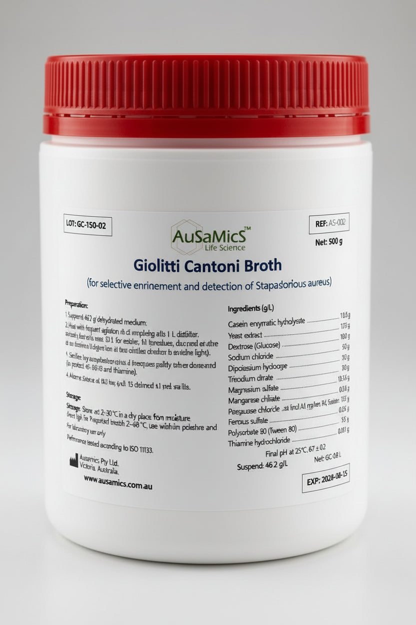 a container of Ausamics Giolitti Cantoni Broth Base with a red lid and gray background