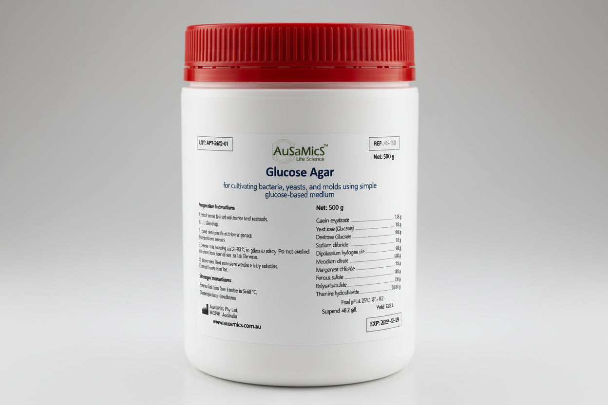 Container of AusaMics Glucose Agar with red lid on a gray background
