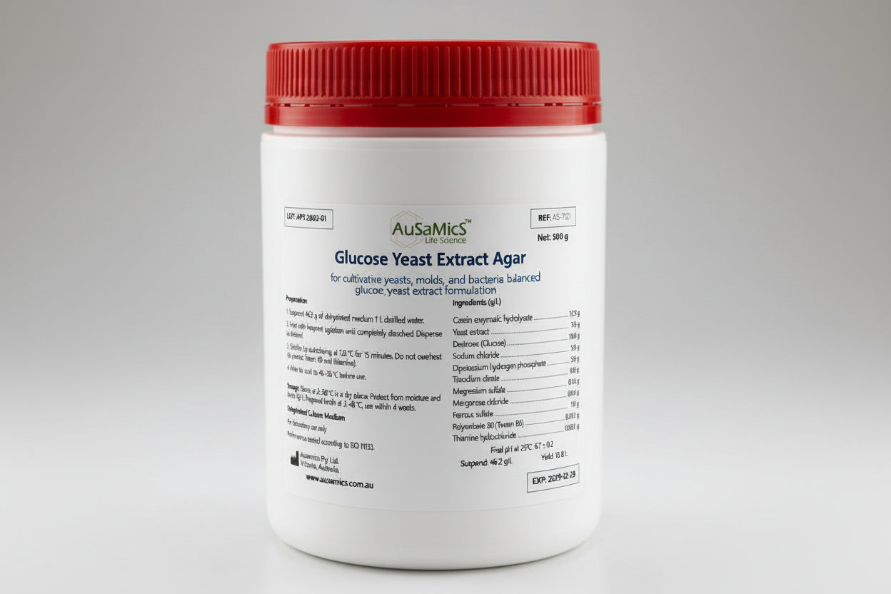 Container of AusaMics Glucose Yeast Extract Agar with red lid on a gray background