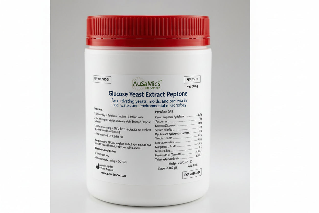 Container of AusaMics Glucose Yeast Extract Peptone with red lid on a gray background
