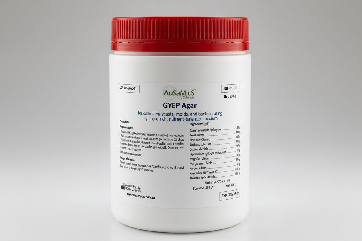 Container of AusaMics Glucose Yeast Extract Peptone (GYEP) Agar with red lid on a gray background