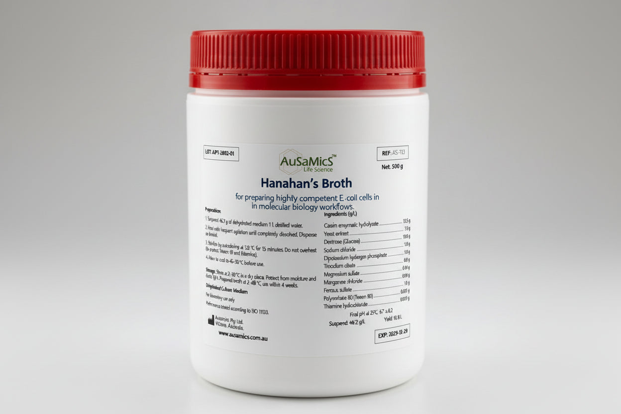 Container of AusaMics Hanahan’s Broth with red lid on a gray background