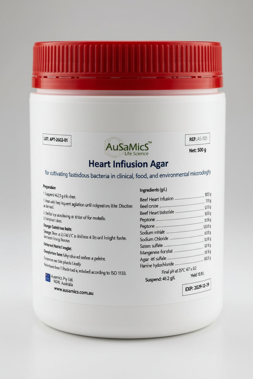Container of AusaMics Heart Infusion Agar with red lid on a gray background