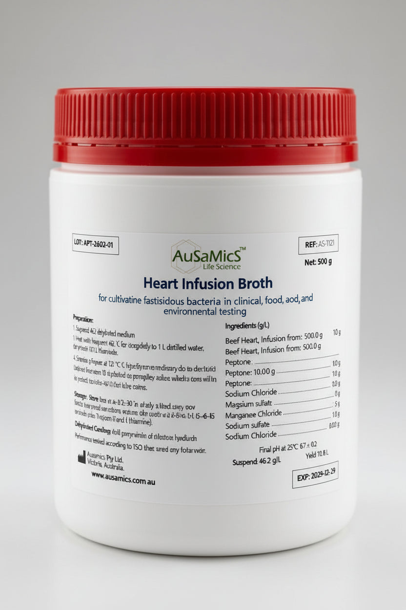 Container of AusaMics Heart Infusion Broth with red lid on a gray background