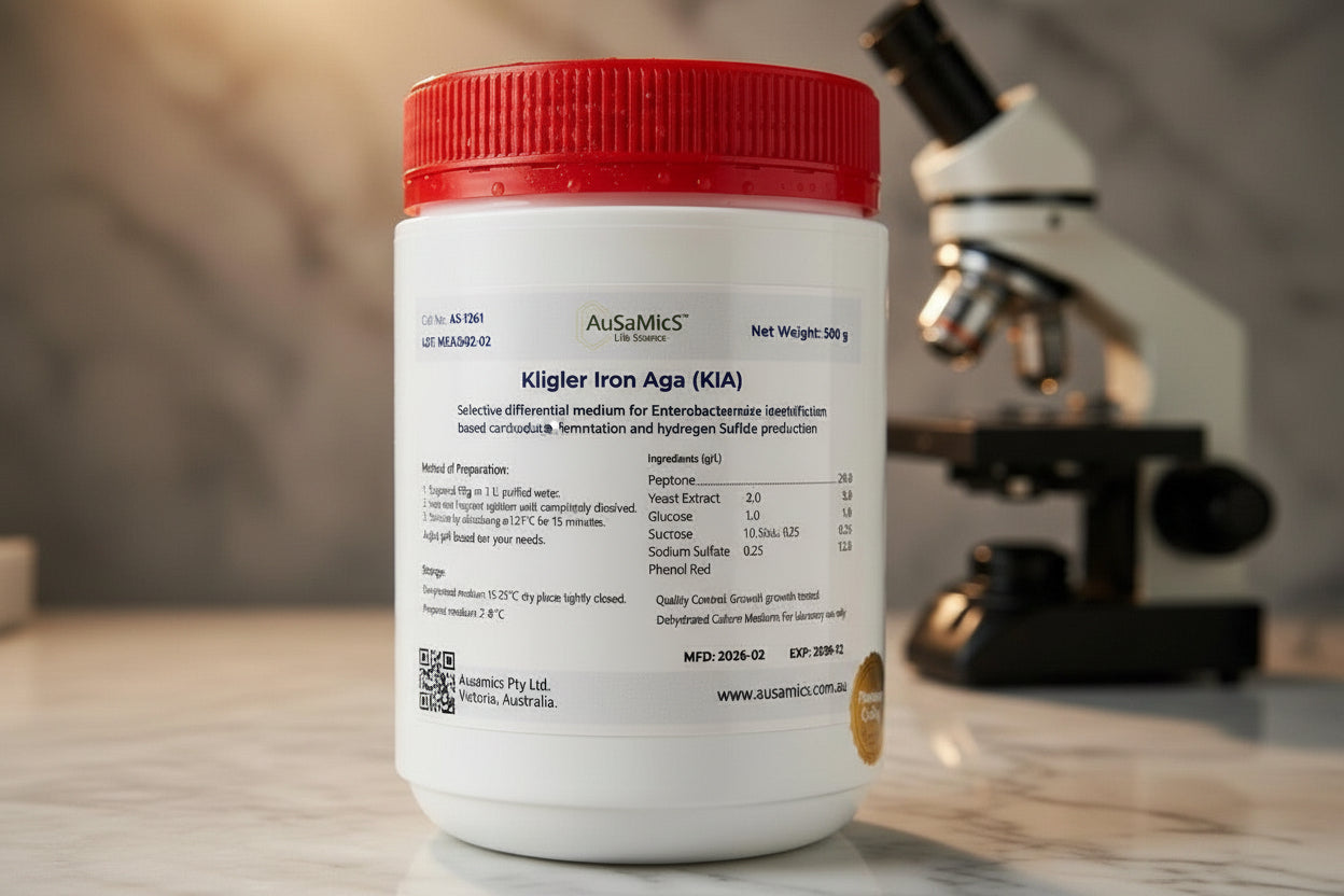 Kligler Iron Agar (KIA)

Selective differential medium for Enterobacteriaceae identification based on carbohydrate fermentation and hydrogen sulfide production.

Catalogue Number	AS-1261