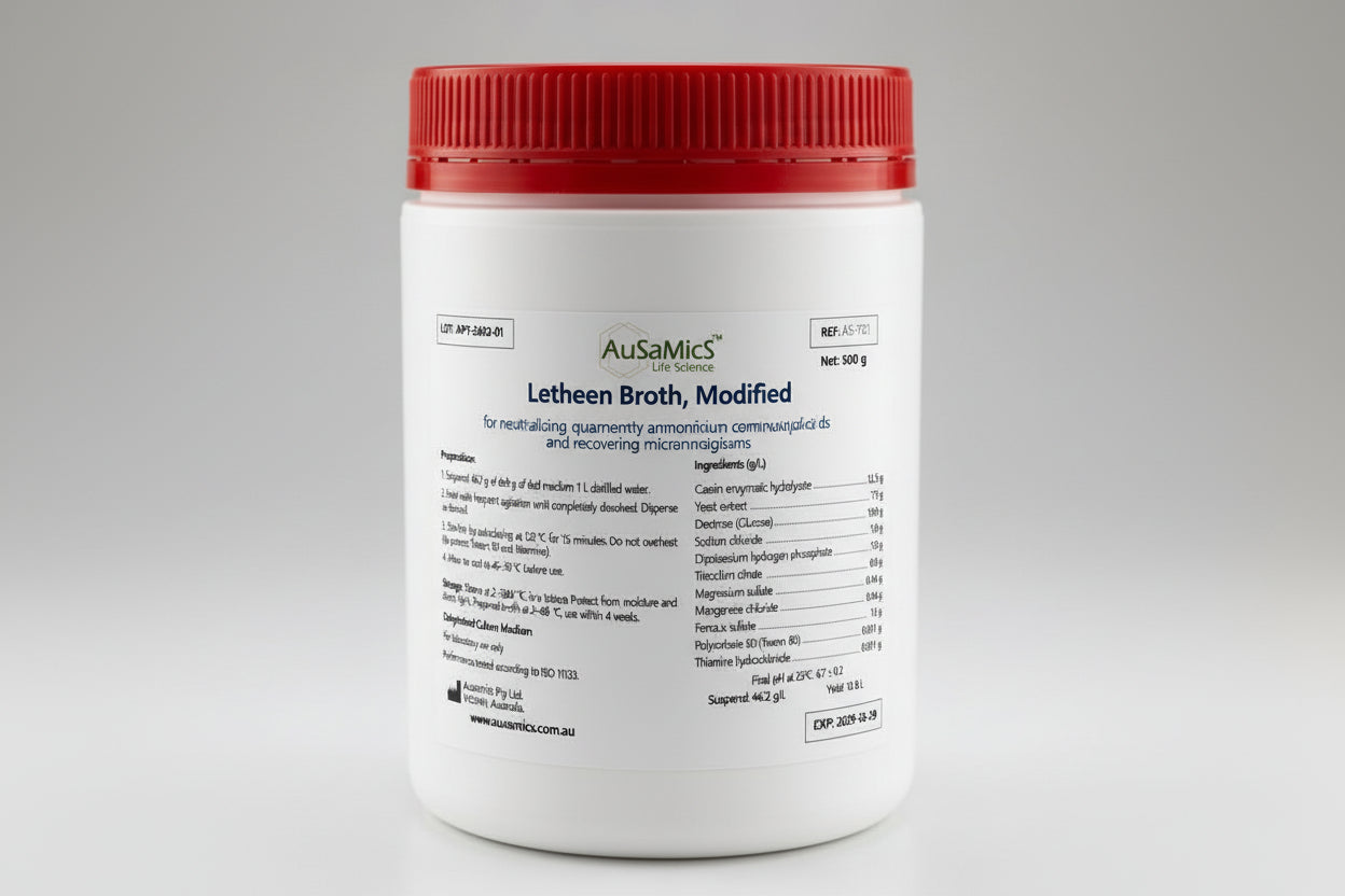 Container of AusaMics Letheen Broth, Modified with red lid on a gray background