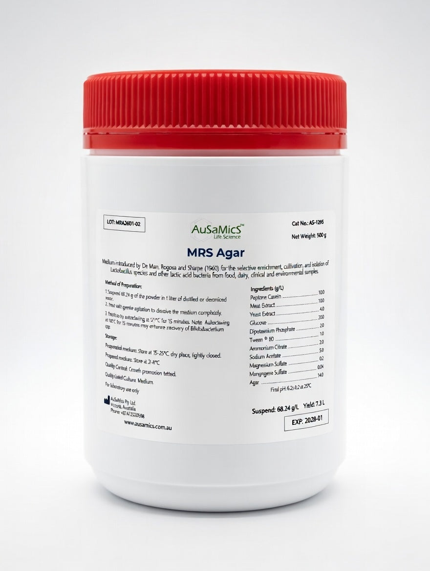 High-quality MRS Agar (De Man, Rogosa & Sharpe) for selective cultivation of Lactobacillus and lactic acid bacteria. 
