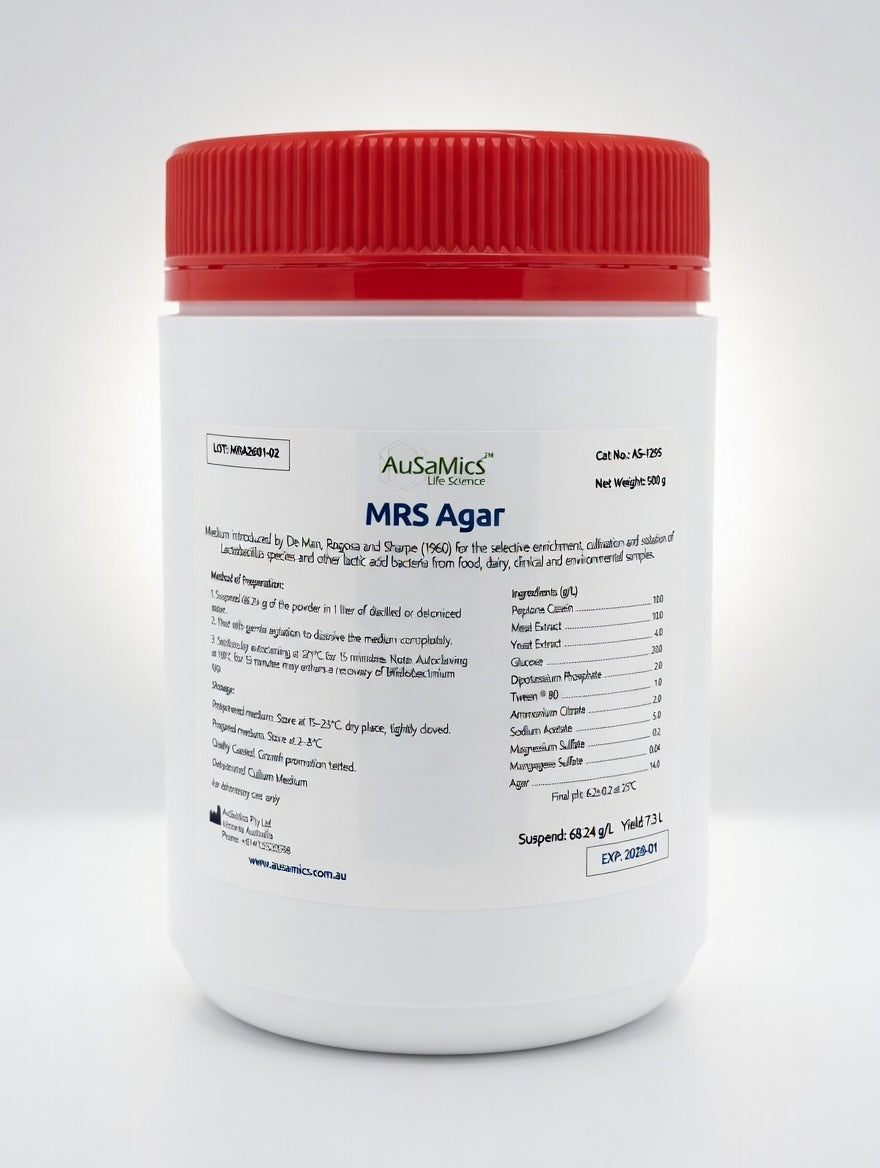 High-quality MRS Agar (De Man, Rogosa & Sharpe) for selective cultivation of Lactobacillus and lactic acid bacteria. 

