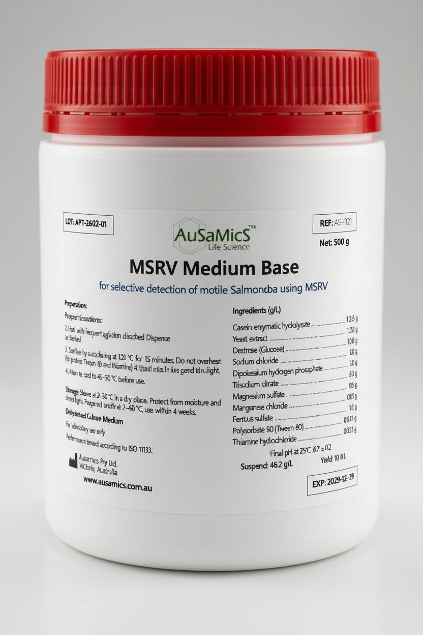 a container of Ausamics MSRV Medium Base with red lid on a gray background 