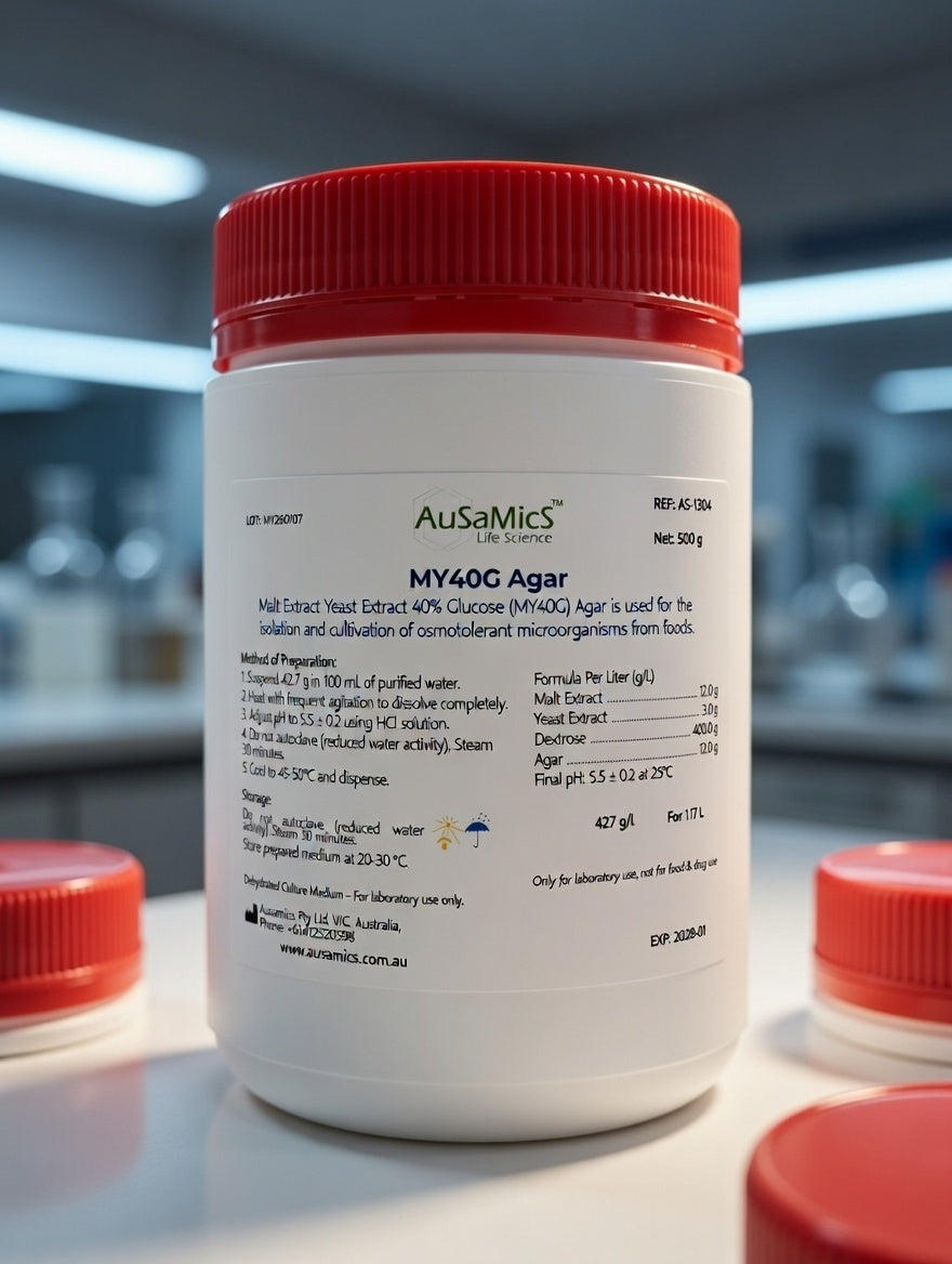MY40G Agar (40% Glucose Malt Yeast Extract Agar) is a high-sugar selective medium for osmophilic yeasts and xerophilic moulds. Ideal for food microbiology and confectionery quality control.