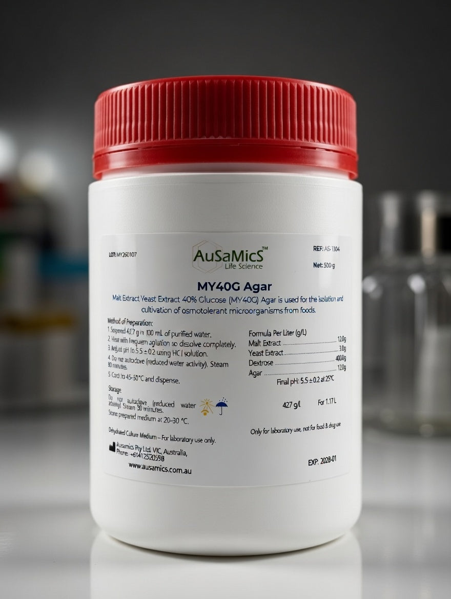 MY40G Agar (40% Glucose Malt Yeast Extract Agar) is a high-sugar selective medium for osmophilic yeasts and xerophilic moulds. Ideal for food microbiology and confectionery quality control.
