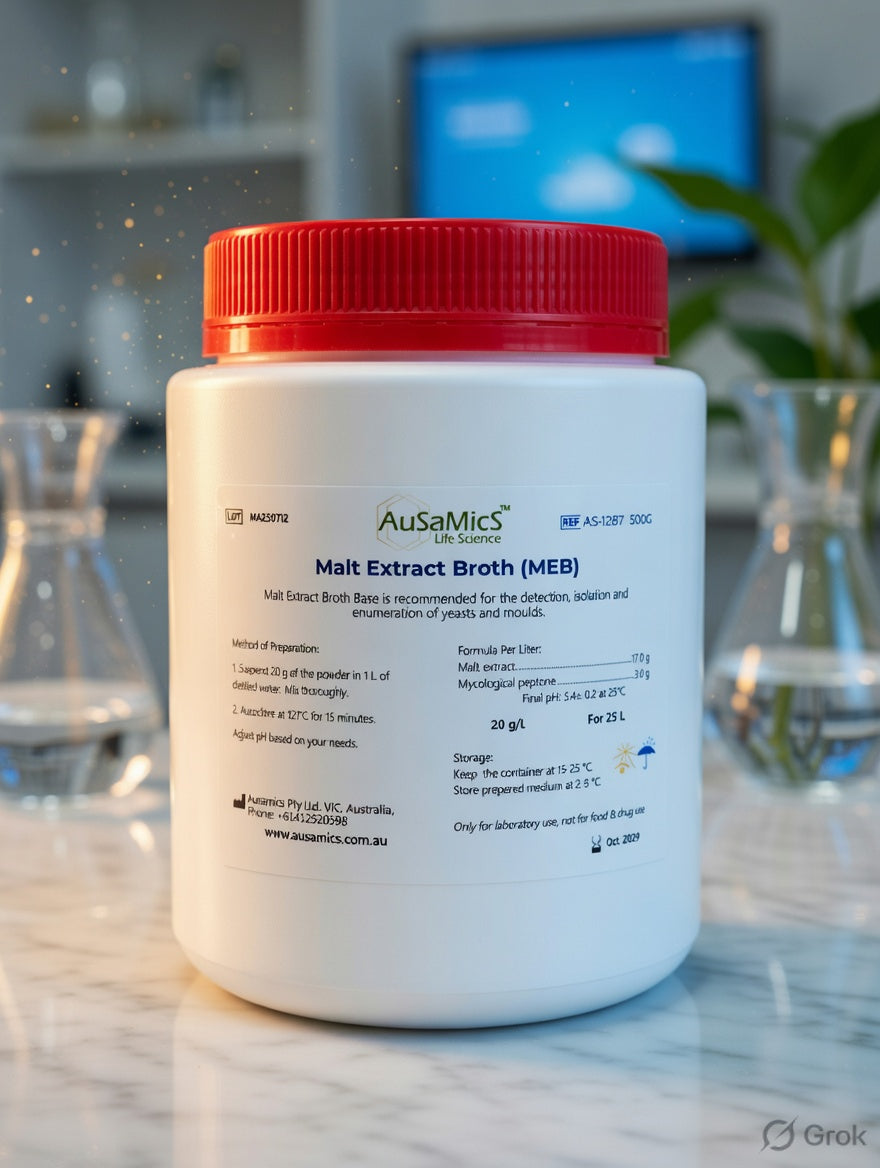 Malt Extract Broth culture medium for growth of yeasts and moulds in microbiology laboratory