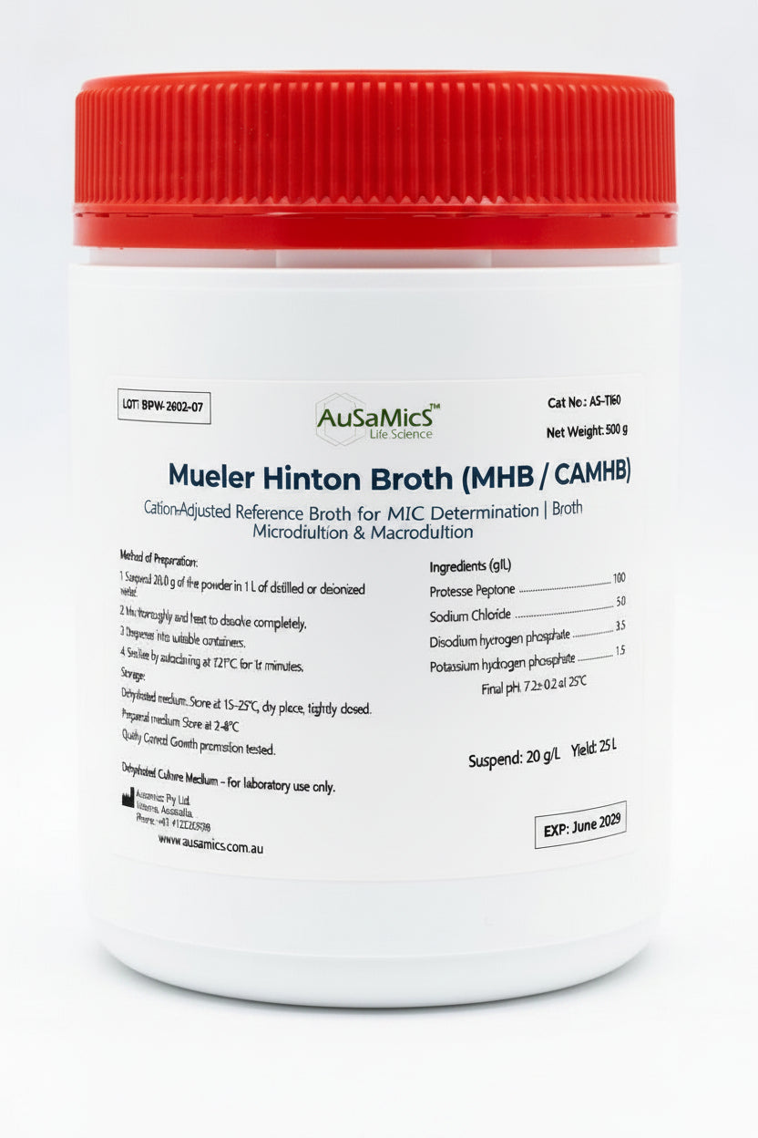 Mueller Hinton Broth MHB AS‑1300 dehydrated culture medium bottle — Ausamics Life Science