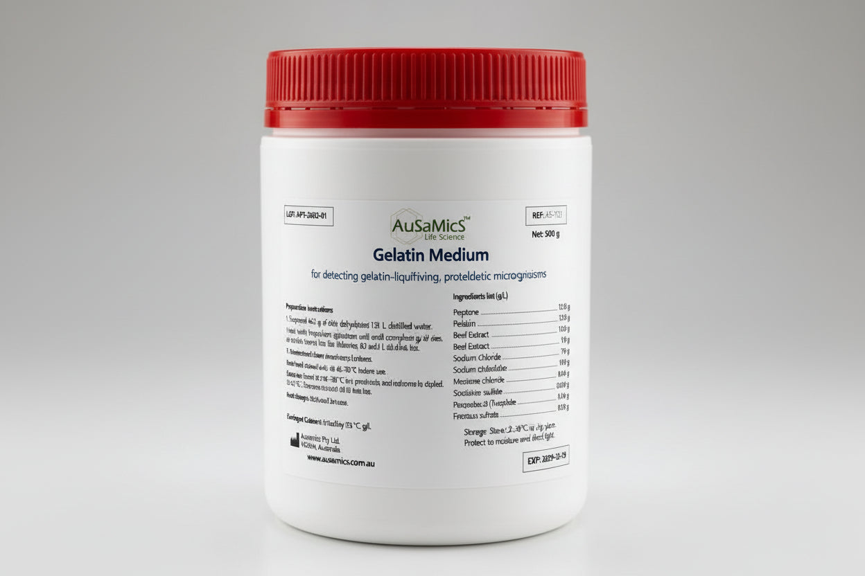 Container of AusaMics Gelatin Medium with red lid on a gray background