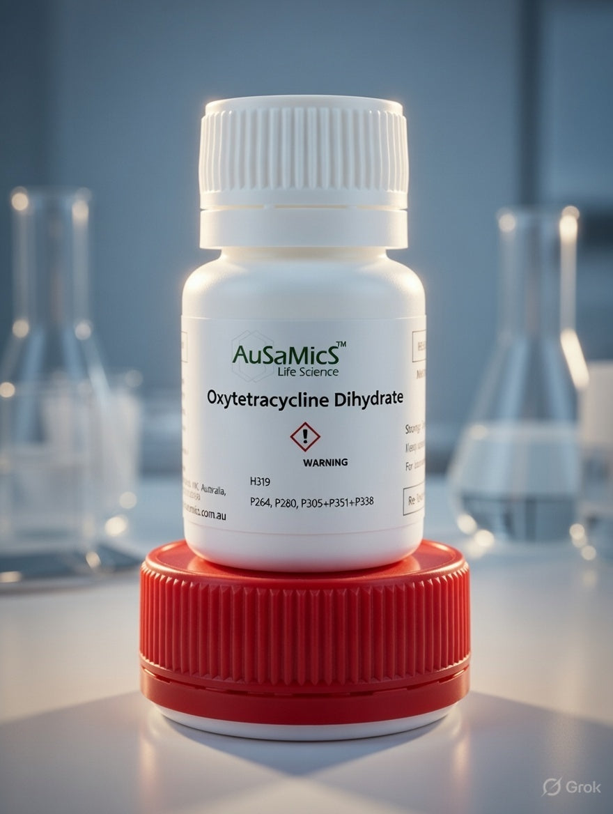 Oxytetracycline dihydrate powder laboratory grade antibiotic in sealed chemical container