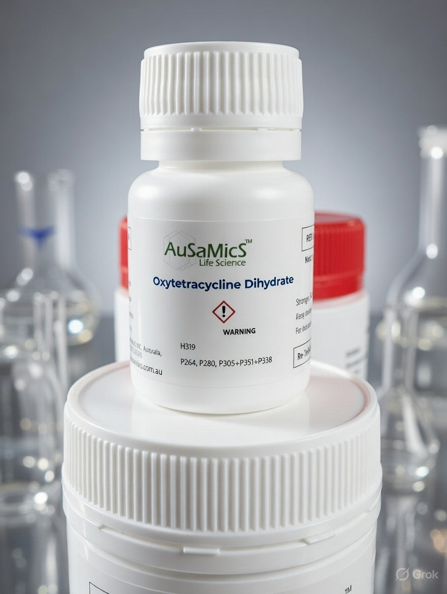 Oxytetracycline dihydrate powder laboratory grade antibiotic in sealed chemical container