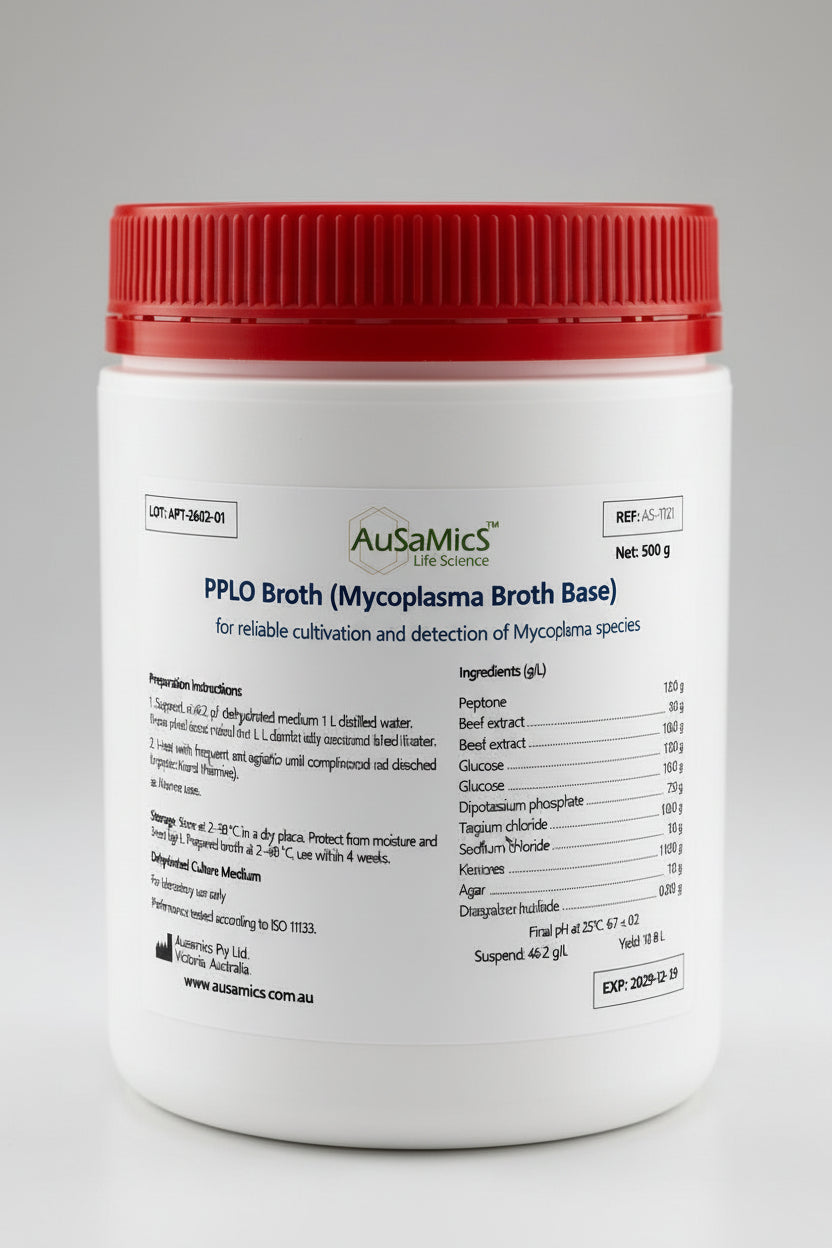 Container of AusaMics PPLO Broth (Mycoplasma Broth Base) with red lid on a gray background