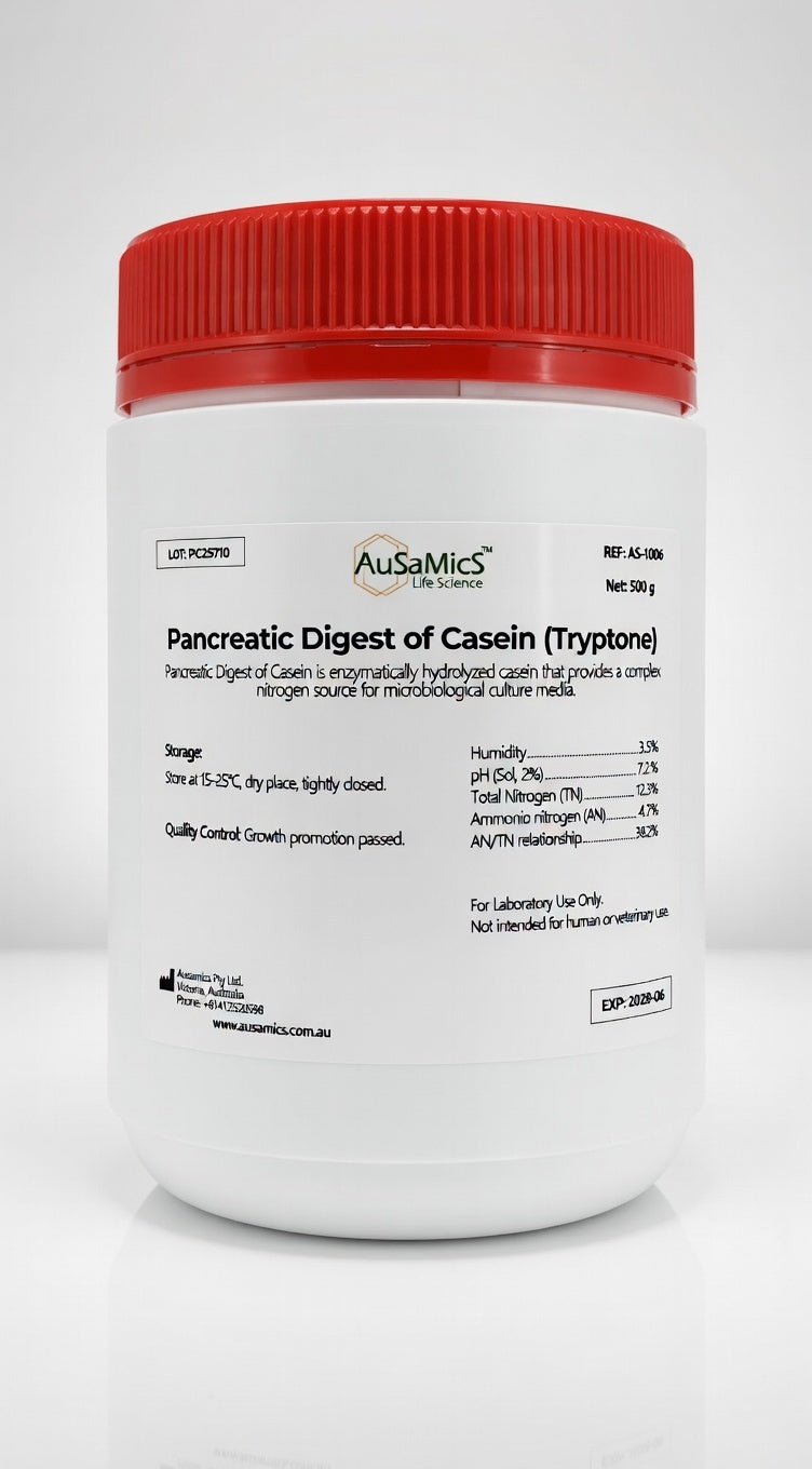 Peptone from casein tryptone powder for microbiological culture media preparation