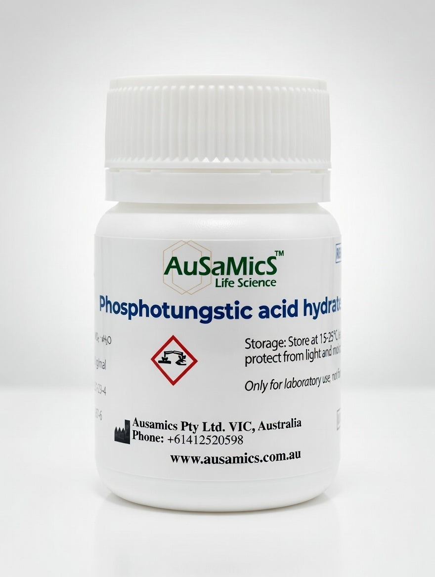 Phosphotungstic Acid Hydrate (Tungstophosphoric Acid) is a high-purity laboratory reagent used in electron microscopy staining, histology, analytical chemistry, catalysis and material science. CAS 12501-23-4. Available in multiple pack sizes.