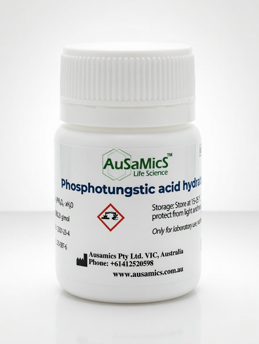 Phosphotungstic Acid Hydrate (Tungstophosphoric Acid) is a high-purity laboratory reagent used in electron microscopy staining, histology, analytical chemistry, catalysis and material science. CAS 12501-23-4. Available in multiple pack sizes.