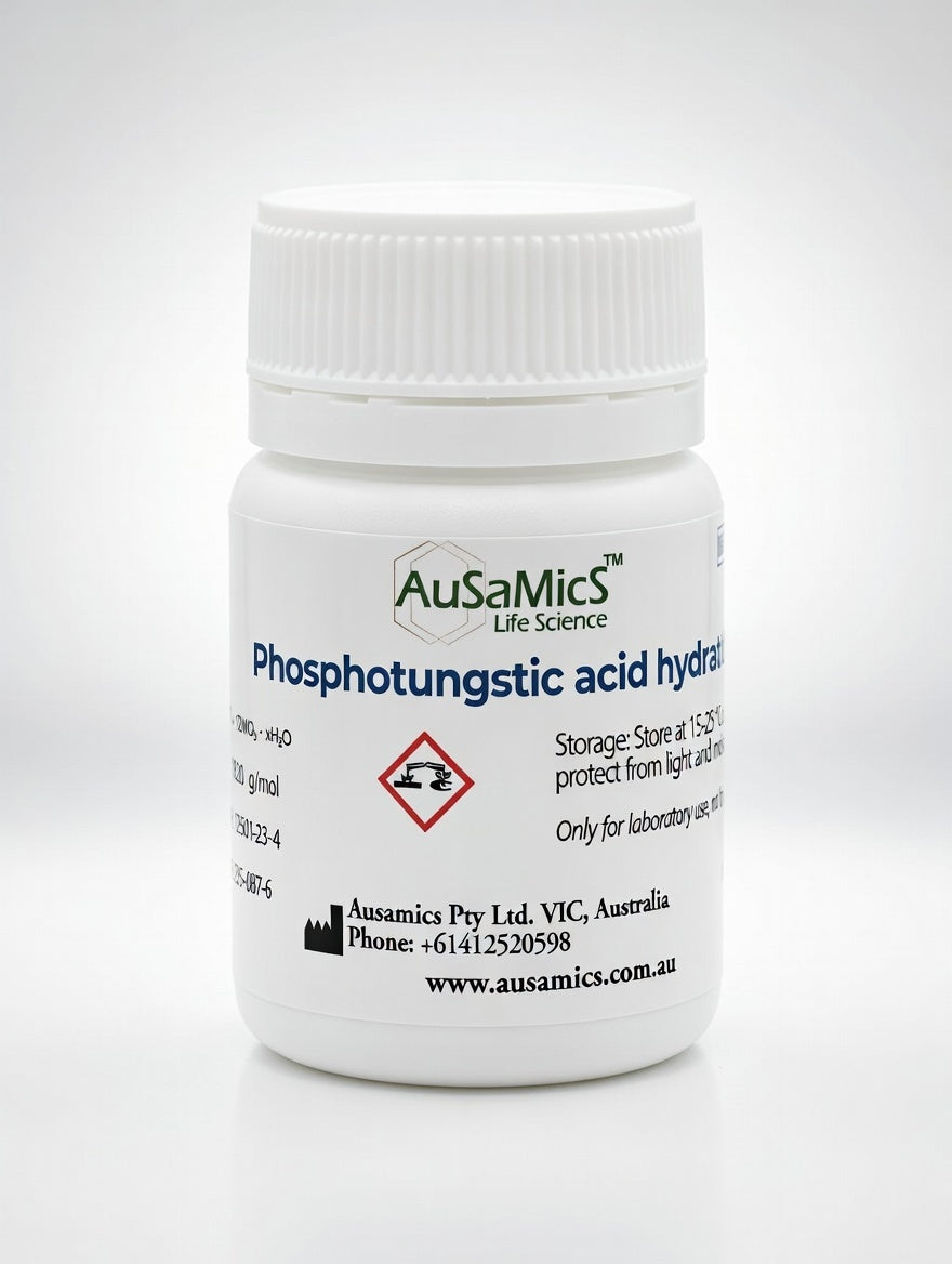 Phosphotungstic Acid Hydrate (Tungstophosphoric Acid) is a high-purity laboratory reagent used in electron microscopy staining, histology, analytical chemistry, catalysis and material science. CAS 12501-23-4. Available in multiple pack sizes.