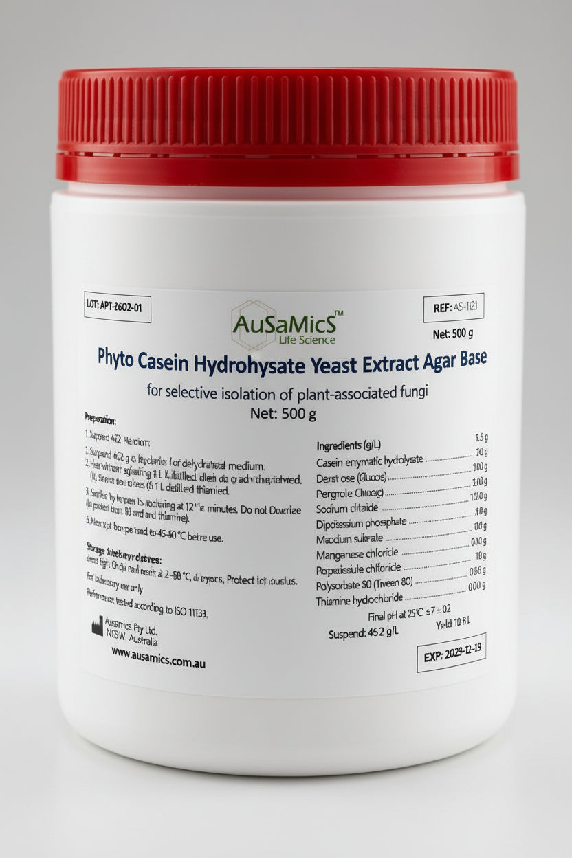 container of ausamics Phyto Casein Hydrolysate Yeast Extract Agar Base with red lid and light grey background