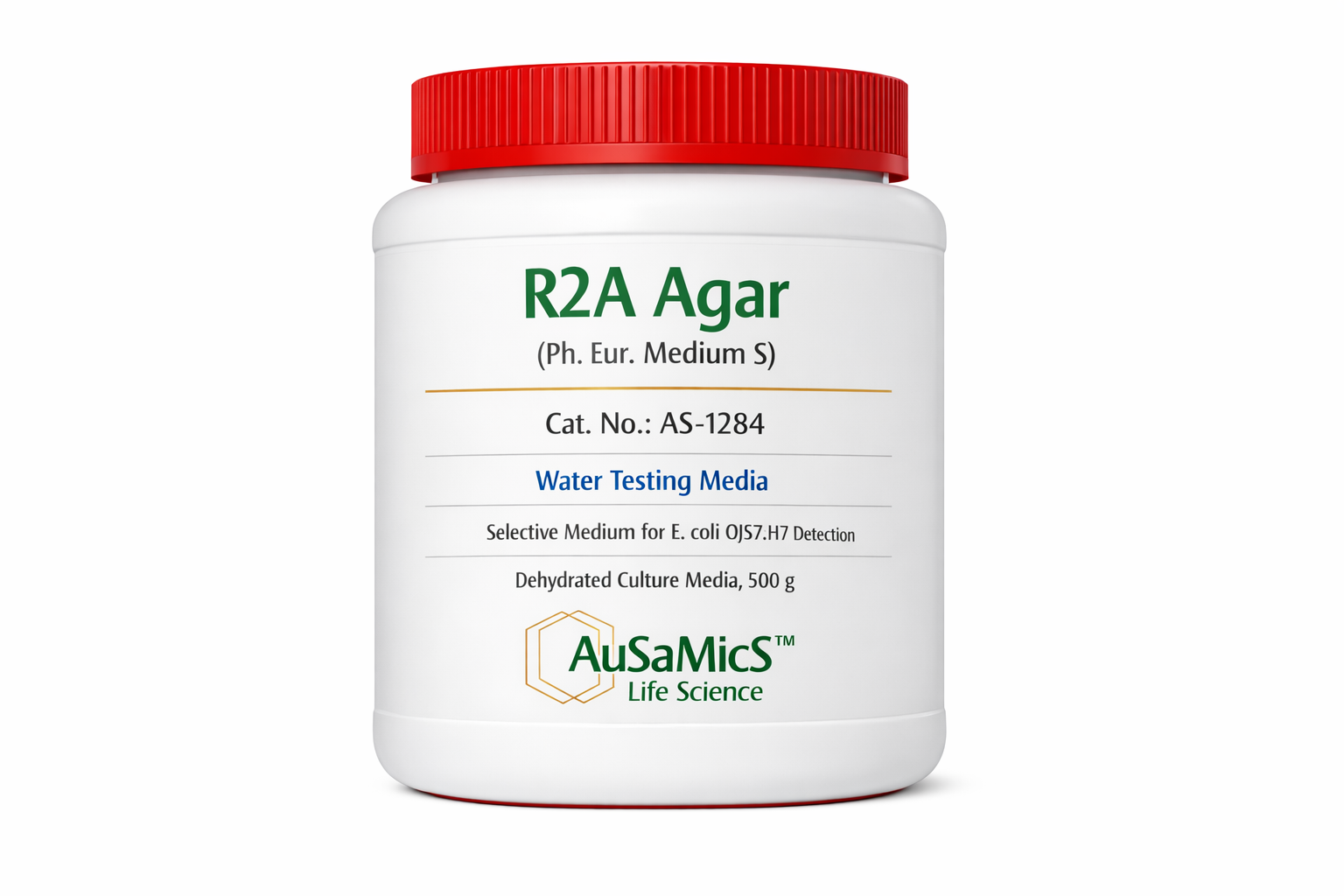 Dehydrated R2A Agar (R2-A Agar) 500g – Ausamics Catalog standard for water microbiology.
Heterotrophic bacteria colonies on R2A Agar plate after 5 days of incubation at 35°C.