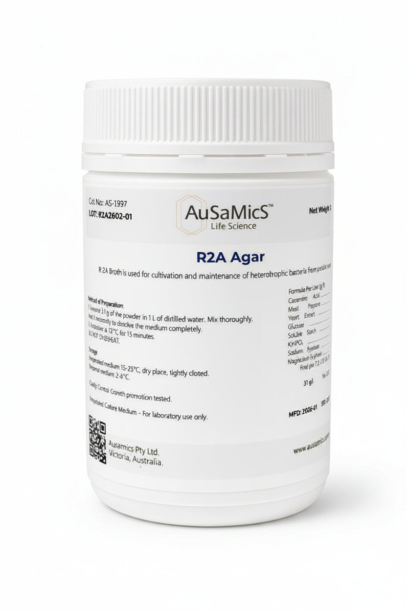 Dehydrated R2A Agar (R2-A Agar) 500g – Ausamics Catalog standard for water microbiology.
Heterotrophic bacteria colonies on R2A Agar plate after 5 days of incubation at 35°C.